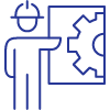 A blue icon of a man pointing at a gear 