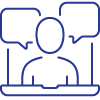 A blue icon of a person with word bubbles behind him