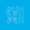 A blue background with a white outline of a game controller, fork, and knife