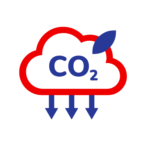 Red and blue icon of a cloud with a CO2 symbol and arrows