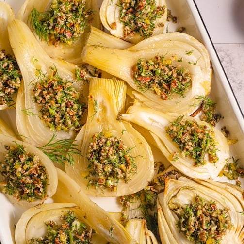 Roasted fennel with walnuts, lemon and dill