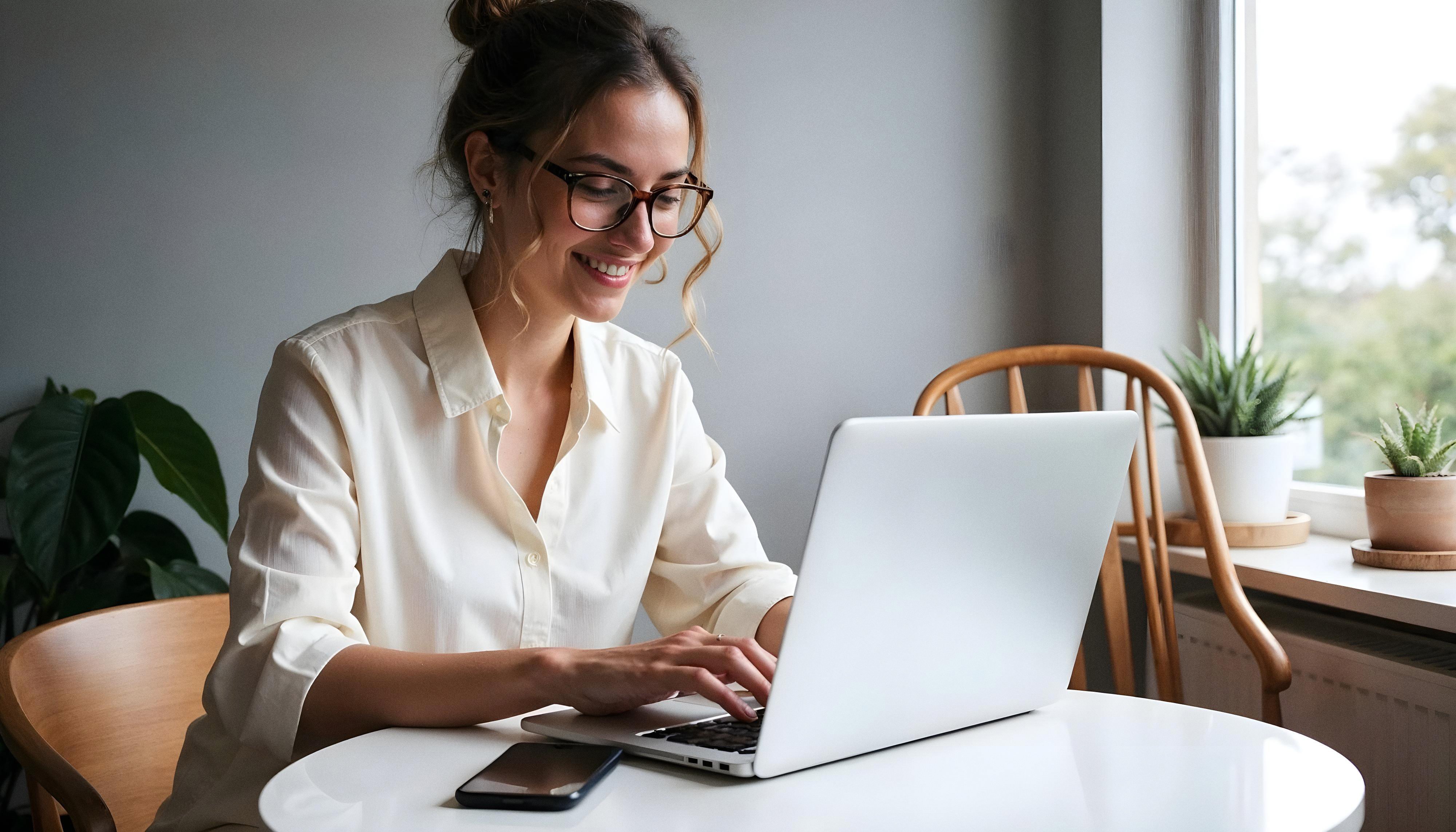 woman-smiling-her-laptop-while-working-cozy-natural-environment