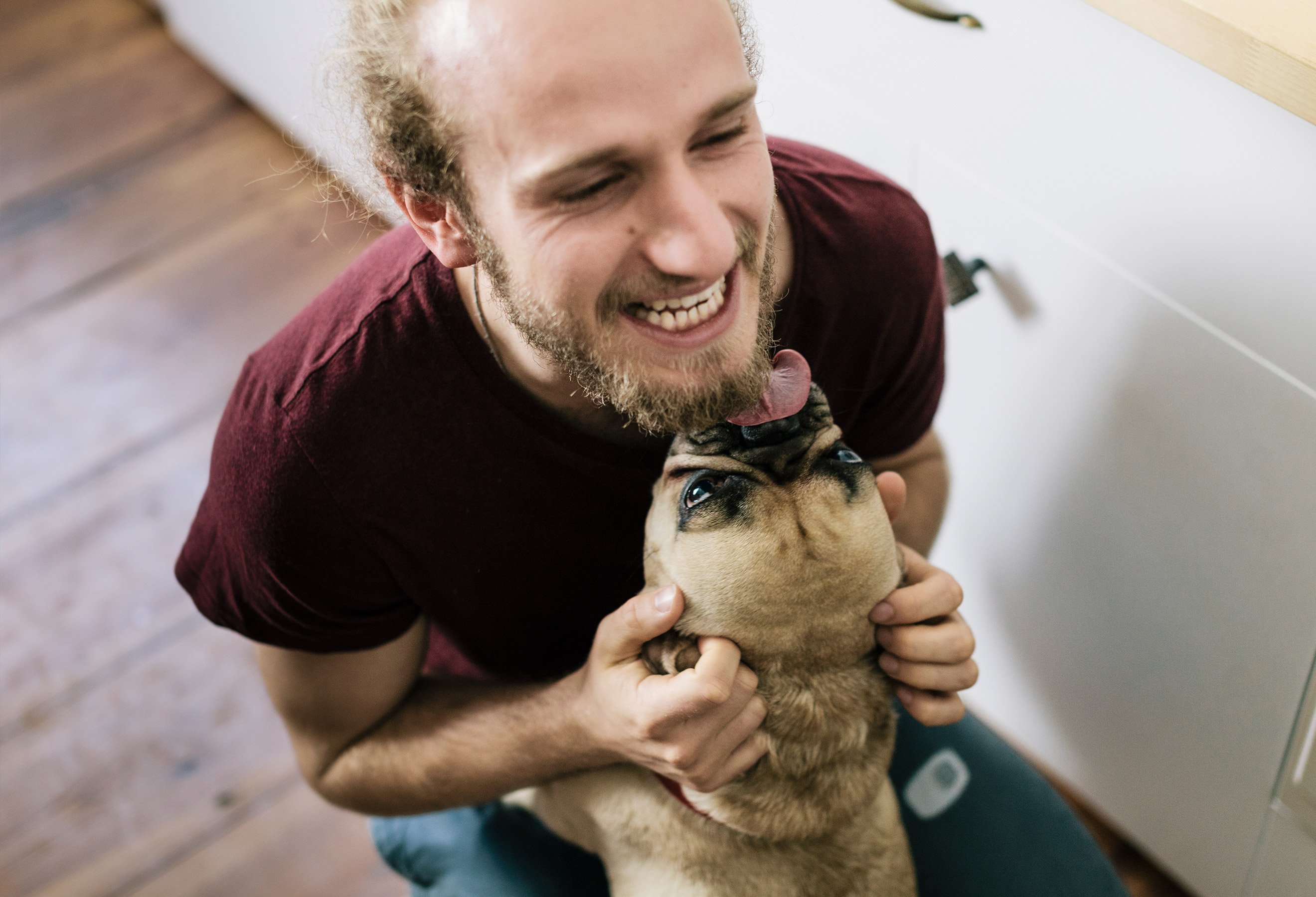 Mann som har fått rammelån. Sitter med hund på fanget på kjøkkenet. 