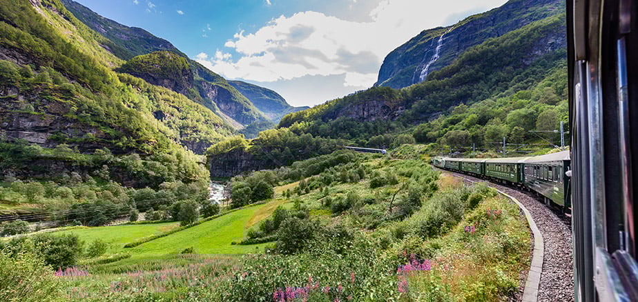 Tog som kjører gjennom grønn natur - lån til bærekraftige løsninger.