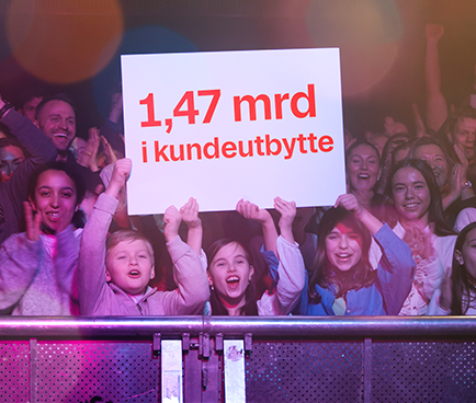 Kunder viser skilt med 1,47 milliarder i kundeutbytte fra Sparebanken Norge