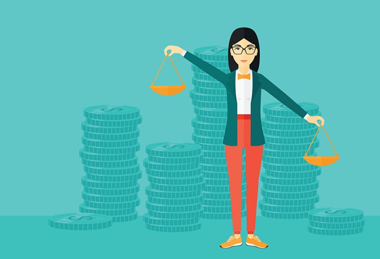 Forbrukslån eller kredittkort? Illustrsjon av dame med en vektskål i hver hånd.