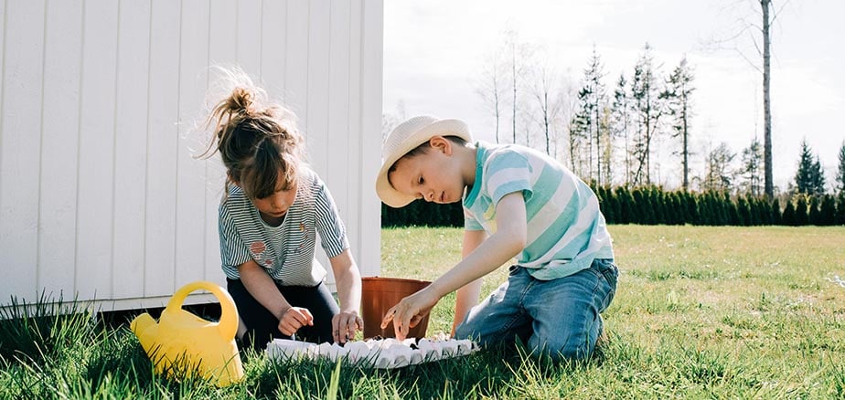 Gutt og jente teller egg i hage.