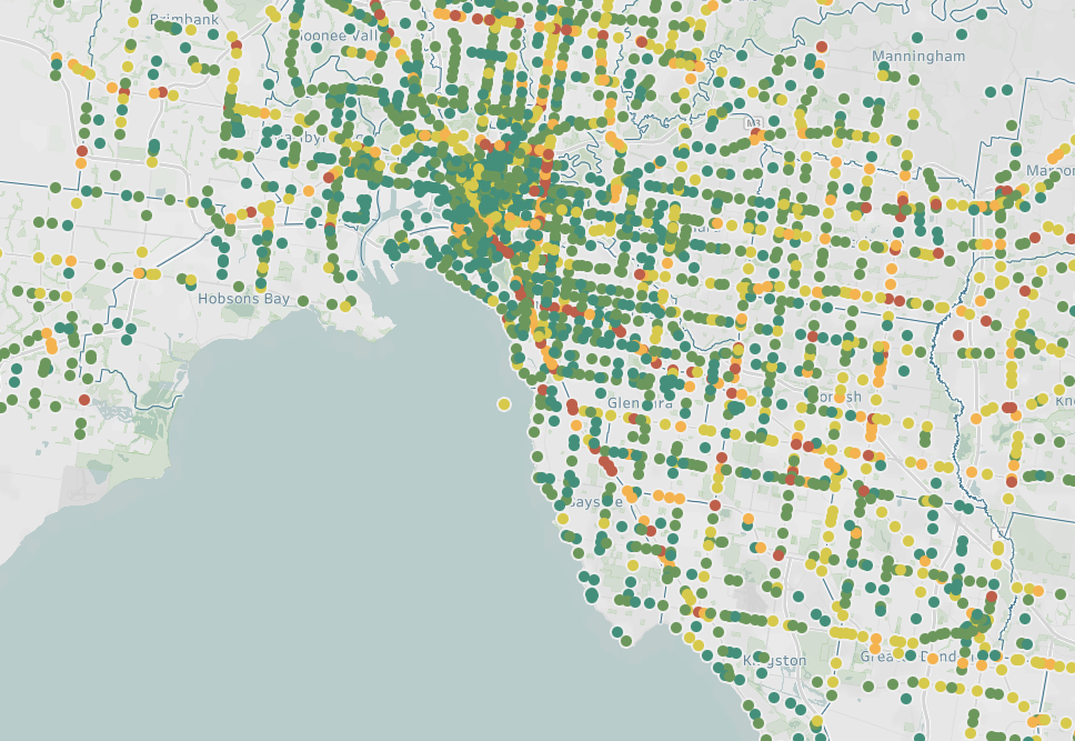 Map of Melbourne showing green, yellow and red dots to indicate medium and low volumes of traffic, as represented in Traffic Signal Volume Data