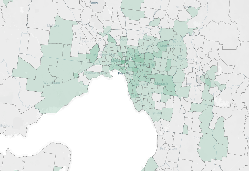 Map of inner and middle Melbourne with suburbs in light to dark green shading depending on the number of electronic vehicle registrations by suburb  