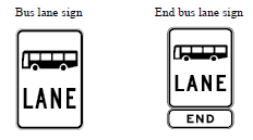 A bus lane sign indicating where buses can travel, next to a sign marking the end of the bus lane.