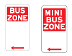 A bus zone sign with arrows pointing in different directions, indicating where bus zones are on the road.