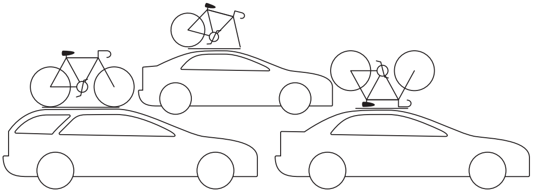 Diagram showing the different options for carrying a bike on a vehicle's roof using a carrier rack.