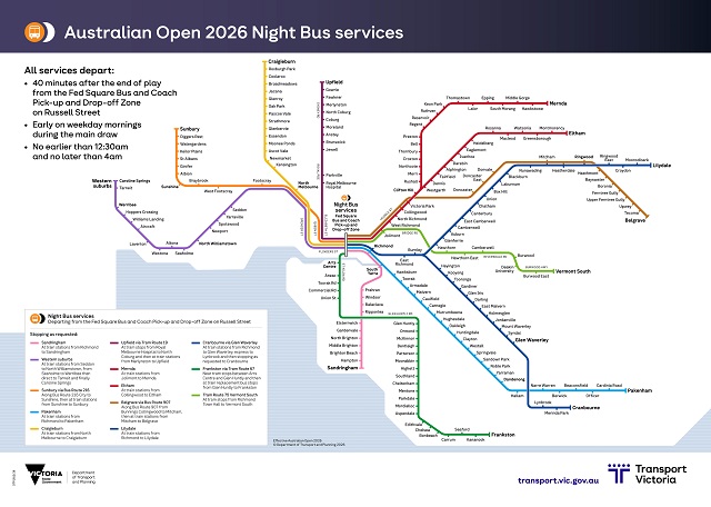 Image of map shwoing the Australian Open 2026 night bus network