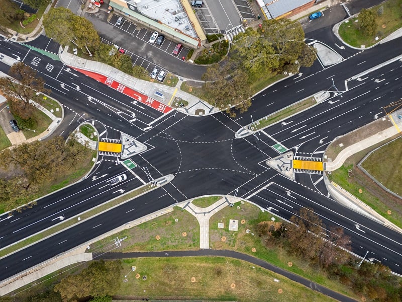 Image of aerial view of the completed intersection at Mountain Highway, Colchester Road and Albert Avenue