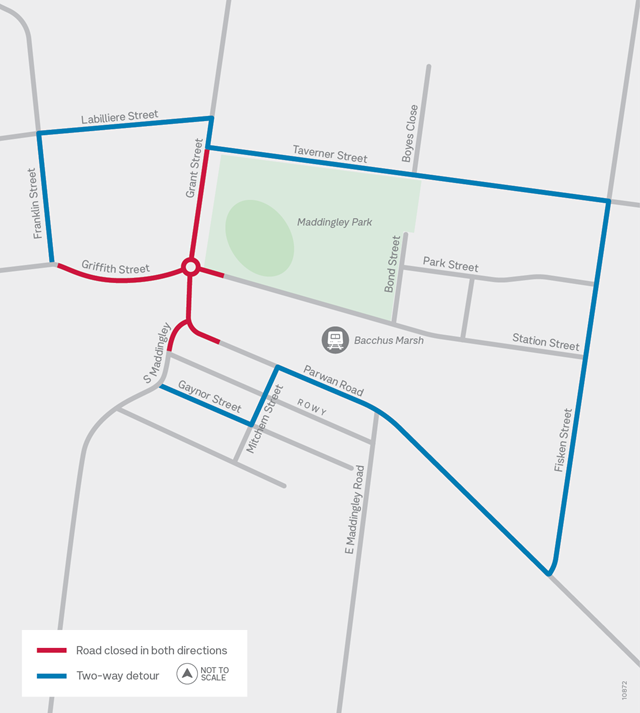 Image of detour map for the Station Street, Griffith Street, Grant Street and Parwan Road (including South Maddingley Road) full intersection closure