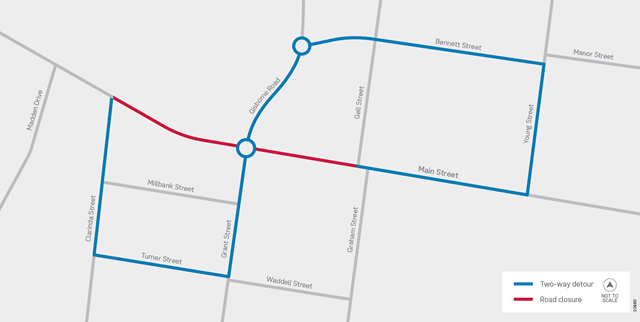 Image of map showing Grant Street closure in Maddingley Overnight detour 