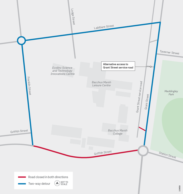 Image of map showing Griffith Street closure detour during school holidays works