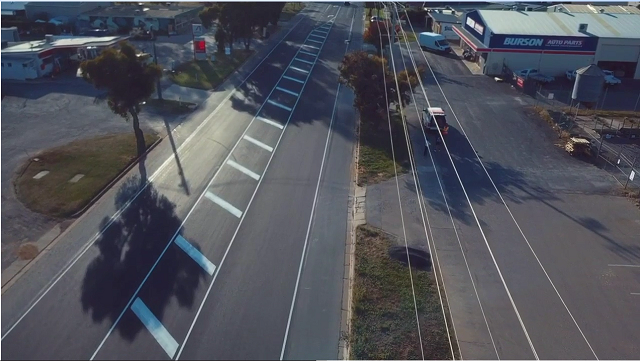 Image of aerial view of the re surfcaed Barooga Road in Cobram.