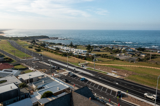 Image of aerial photo of the completed Bass Highway Kilcunda safety and access improvements