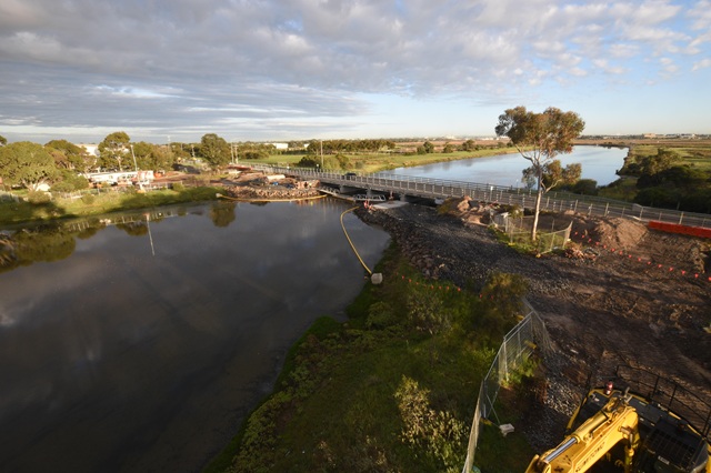 Image of Queen Street Shared Use Path bridge construction underway: looking west towards Altona Meadows