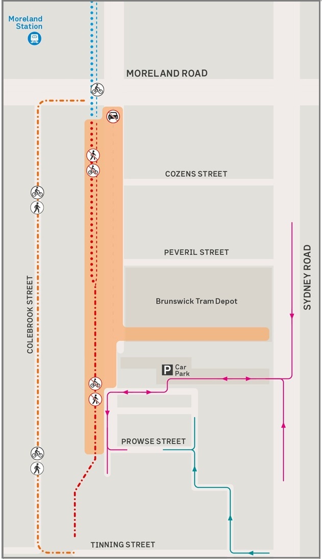 Image of a the Cameron Street detour map around the Brunswick Tram Depot
