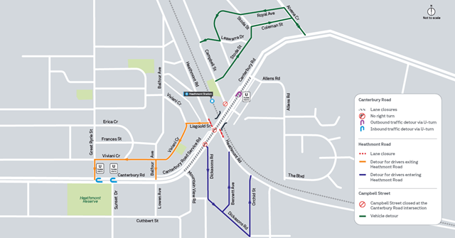 Map showing the traffic management set-up from Friday 31 July to late 2026, including right turn restrictions on Canterbury Road into Heathmont Road and the Dickasons Road intersection, lane closures on both sides of Heathmont Road, temporary closure of Campbell Street at the Canterbury Road intersection, and Canterbury Road lane closures.