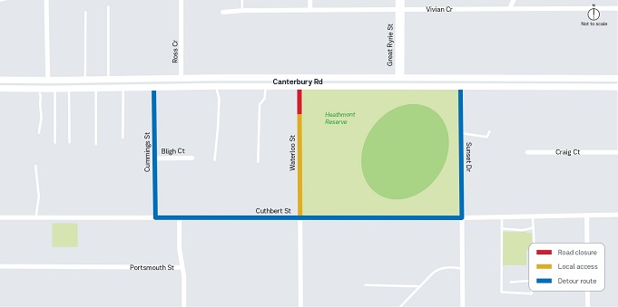 Image of map showing local detour at Canterbury Road, Waterloo Street to Sunset Drive