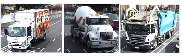 Images of a Coles van, concrete agitator and garbage truck