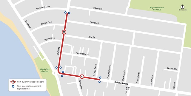 Image of map showing new 40km/h zone at the Bluff Road and Balcome Road intersection
