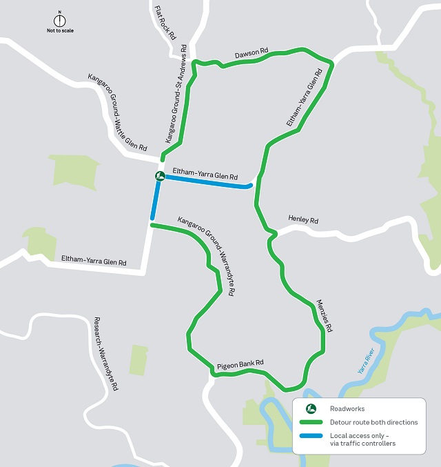 Map showing detour route during nightworks on Stage 1 of Kangaroo Ground intersection maintenance works
