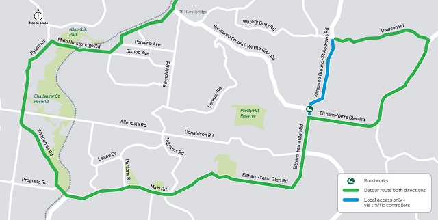 Map showing detour route during nightworks on Stage 2 of Kangaroo Ground intersection maintenance works
