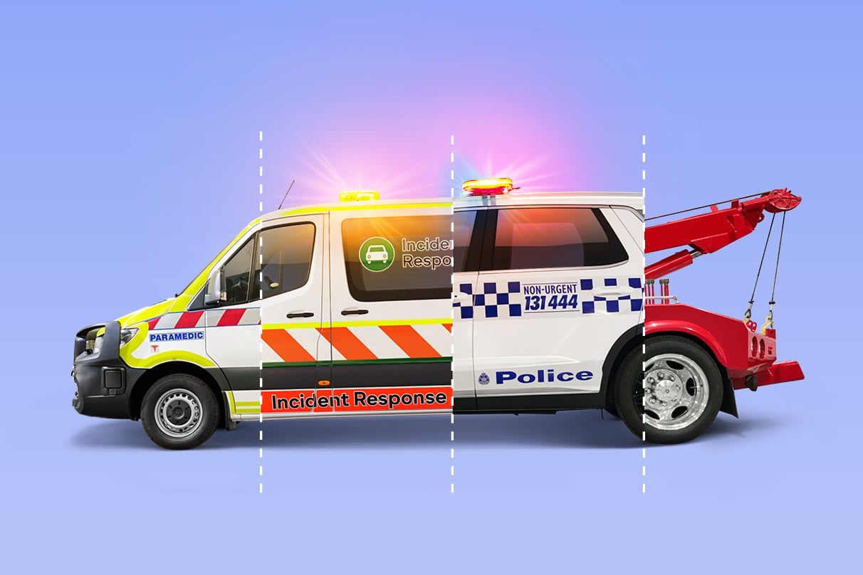 Image of an ambulance, police car and tow truck merged as one with the words see flkashing lights roadside? You must slow to 40km/h