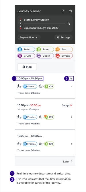 Image of screen shot showing a journey with live departure information and no reported delays.