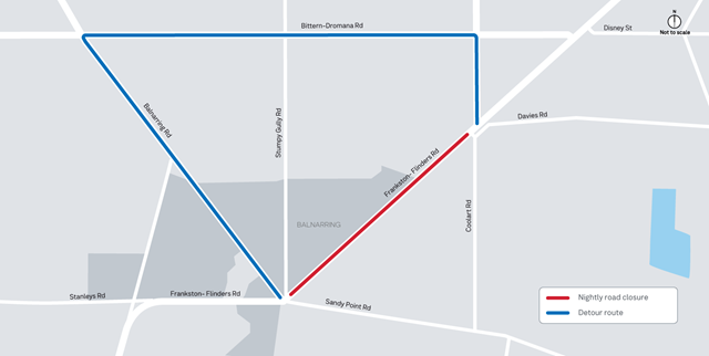 Image of map showing detour route during the maintenance works at the Frankston-Flinders Road at Balnarring