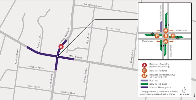 Image of map showing the project overview map of the Main Street and Grant Street/Gisborne Road Intersection Upgrade