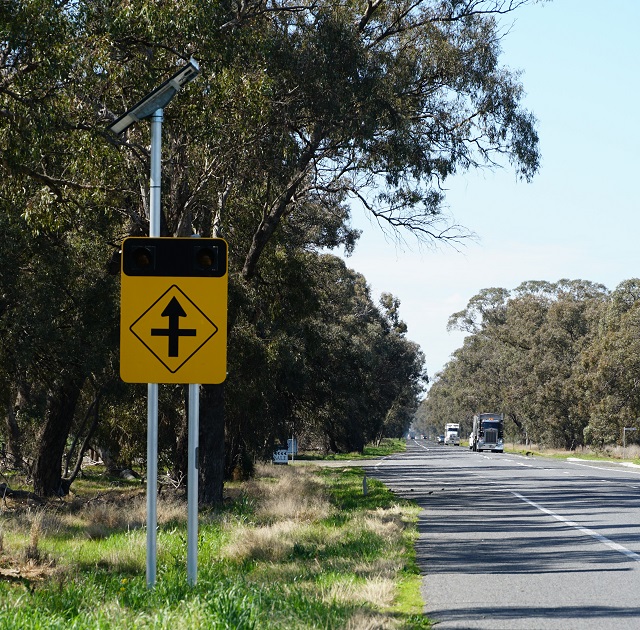 Image of Vehicle activated warning lights on the Goulburn Valley Highway.