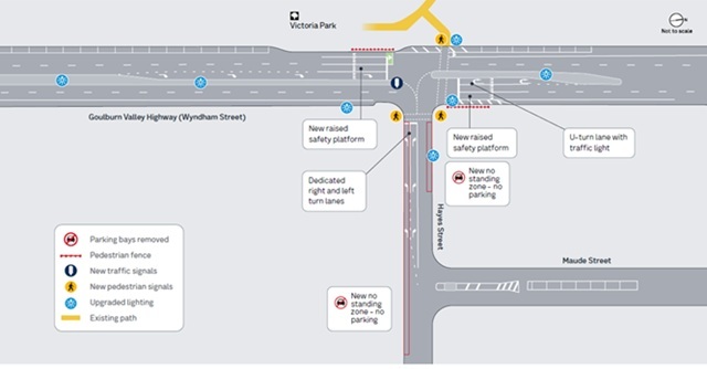Image of map showing the Goulburn Valley Highway (Wyndham Street) and Hayes Street intersection safety improvements in Shepparton