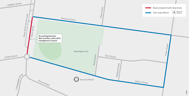 Image of map showing detour route during Grant Street in Maddingley closure