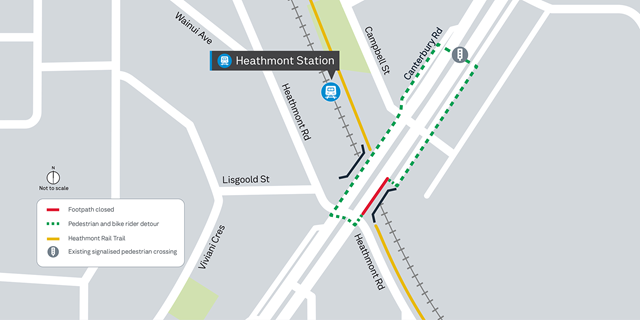 Image of map showing the temporary closure of the footpath on the south side of the Canterbury Road bridge