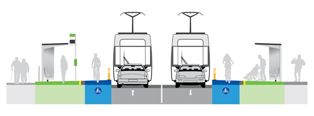image of an example of a kerb extension, level-access tram stop (not to scale.)