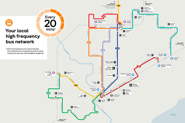Image of map showing bus frequency times and routes in the outer west