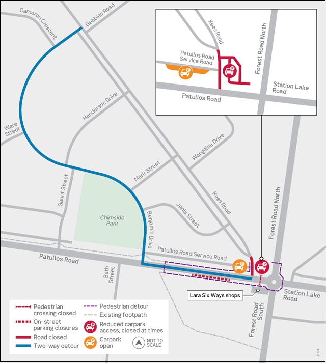 Image of map showing Lara six ways Kees Road intersection closure