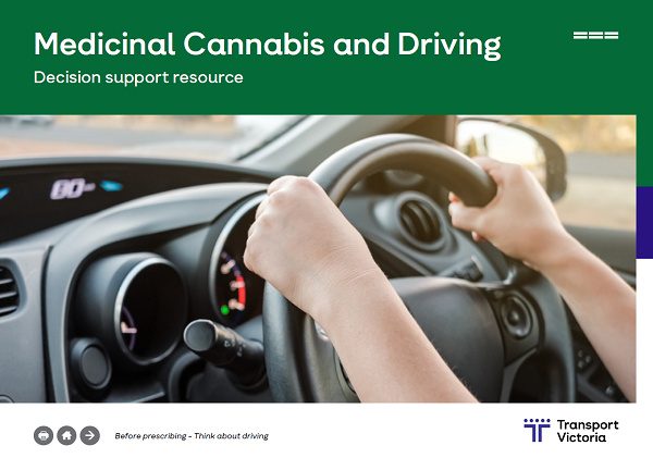 Image of Medicinal Cannabis and Driving booklet front cover. Two hands on a steering wheel