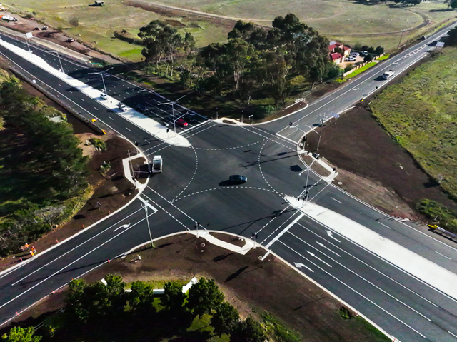 Aerial view of the Melton Highway and Leakes Road intersection