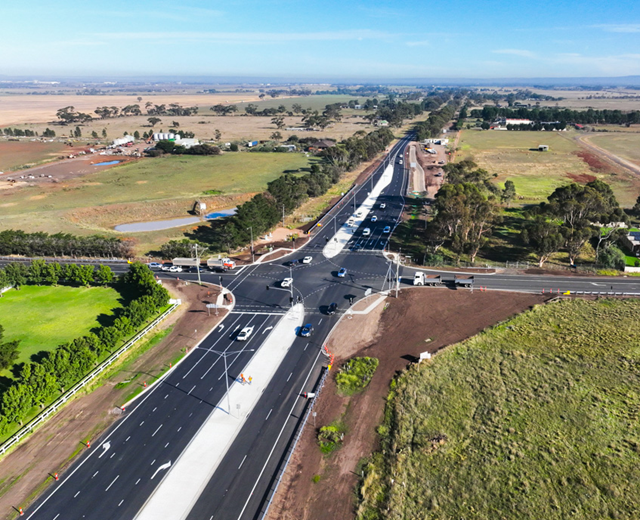 Aerial view of the upgraded Melton Highway and Leakes Road intersection, looking west towards Melton