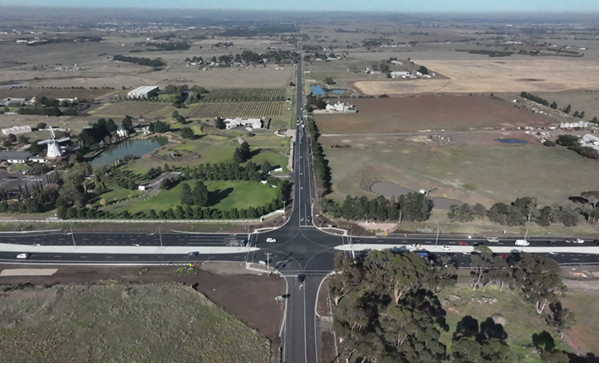Aerial view of the upgraded Melton Highway and Leakes Road intersection, looking south towards Aintree