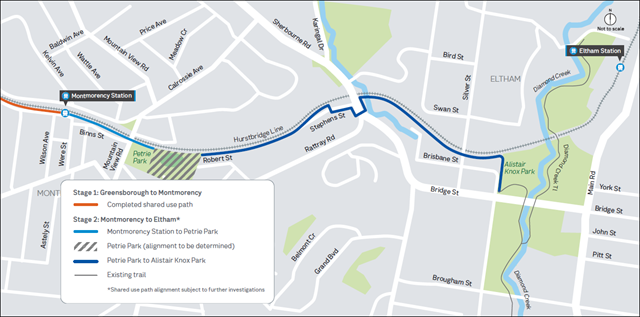 Image of map showing the proposed shared use path route from Montmorency Station to Alistair Knox Park.