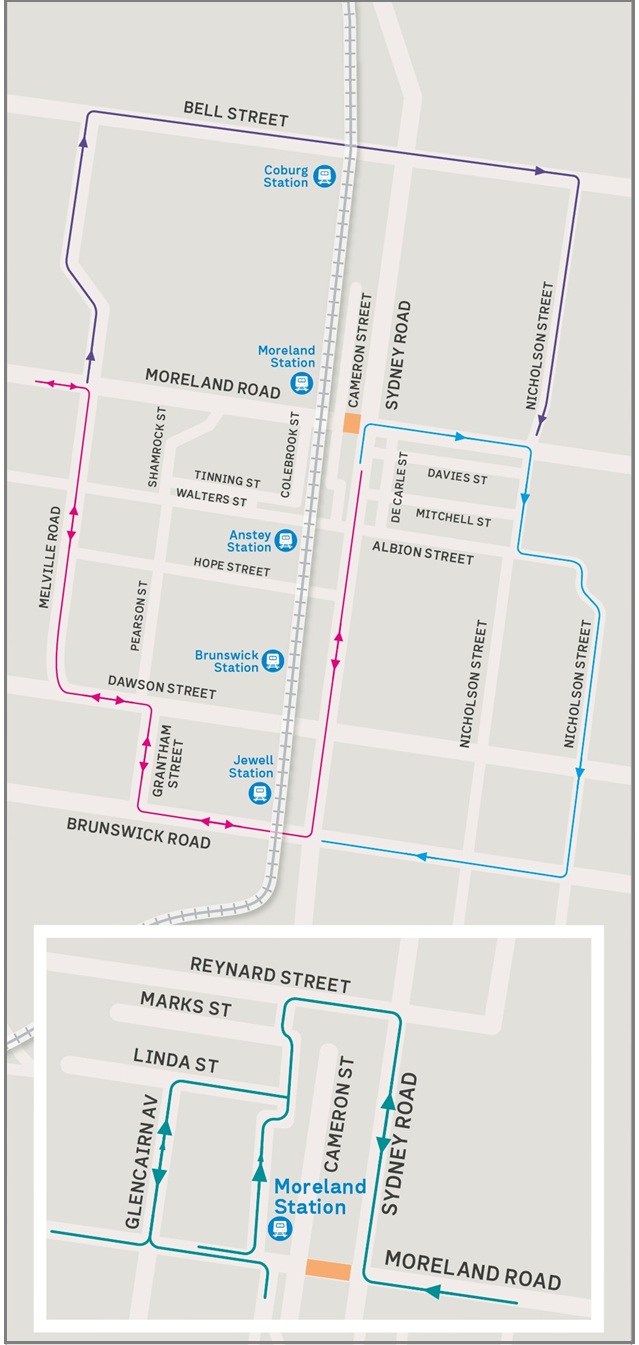 Image of a the Moreland Road detour map around the Brunswick Tram Depot