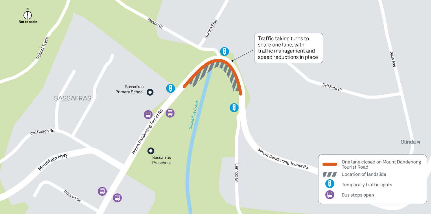 Image of map showing the detour routes along Mount Dandenong Tourist Road in Sassafras
