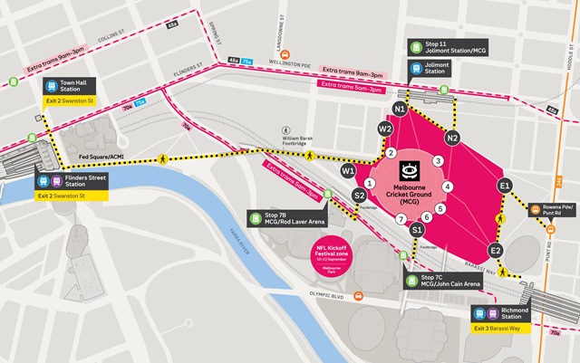 Image of map showing the transport modes around the MCG for the NFL game